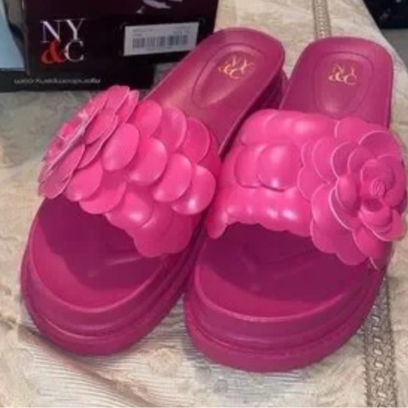 New York & Company Fuchsia Floral Slide Sandals​ - Picture 2 of 2